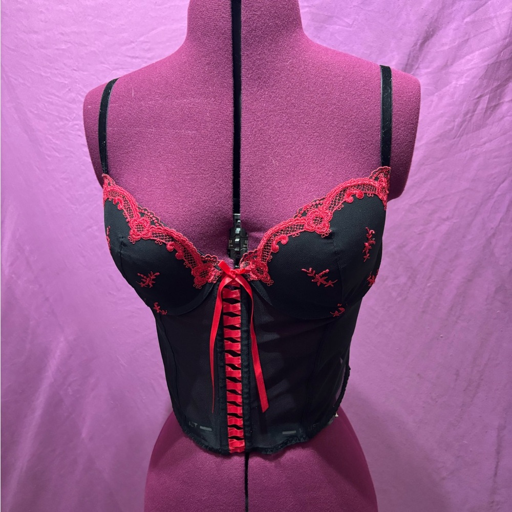 Delicates Black and Red Lace Bra with Ribbon Lacing
